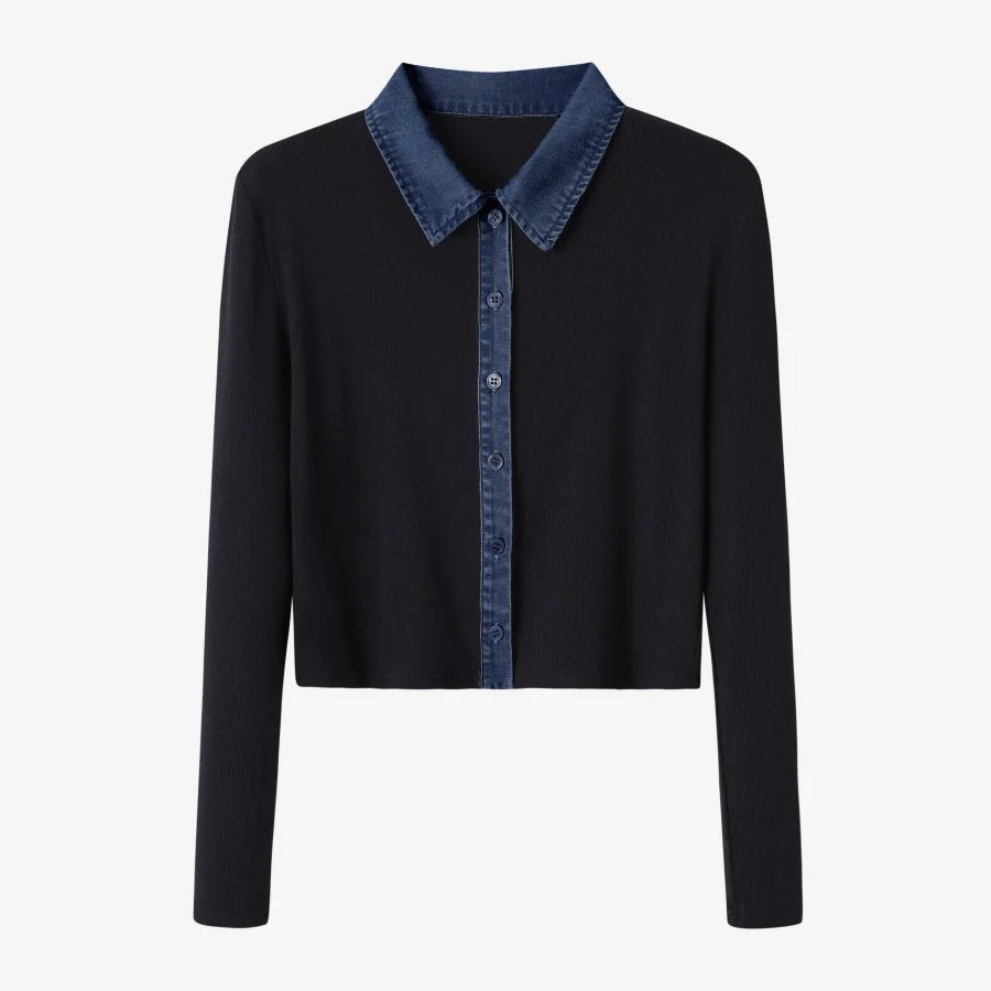 Ribbed Cardigan with Denim Collar + Sleeveless Maxi Dress Set