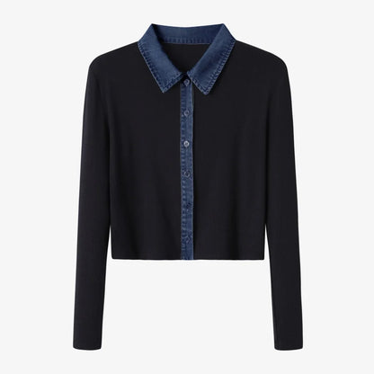 Ribbed Cardigan with Denim Collar + Sleeveless Maxi Dress Set