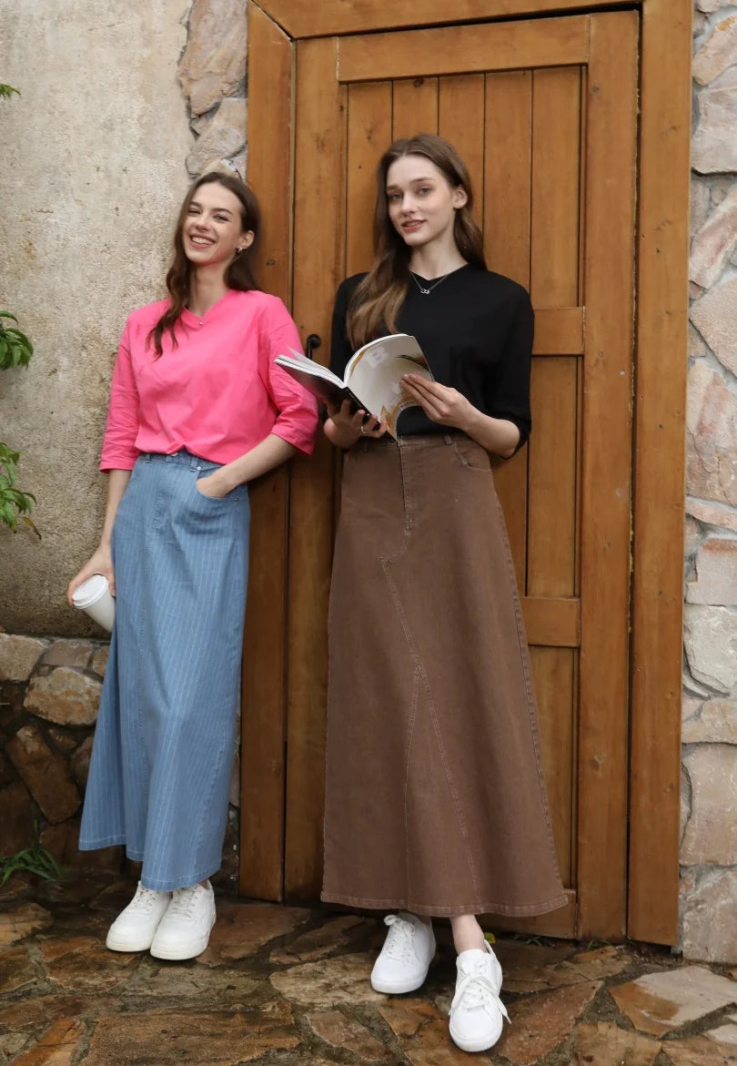 Elastic Denim Maxi Skirt (A-Line Stretch Fit)