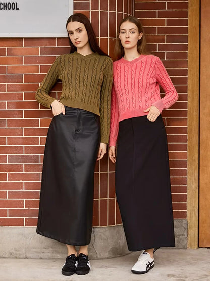 3-Piece Knit Sweater Set – Cable Knit Top + Stretch Skirt + Leather Skirt Option