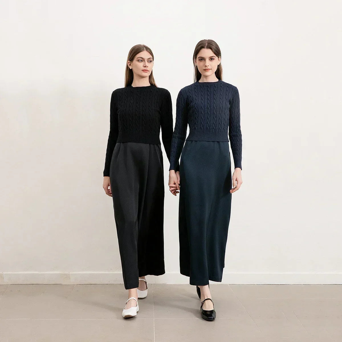Cableknit Sweater & Satin Maxi Dress Set – Soft Modest Fit