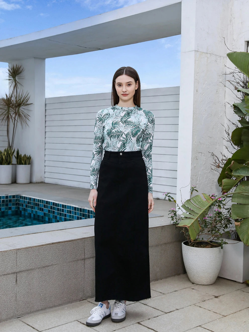 Printed Cotton Blouse & Denim Maxi Skirt Set – Sleeveless Modest Fit