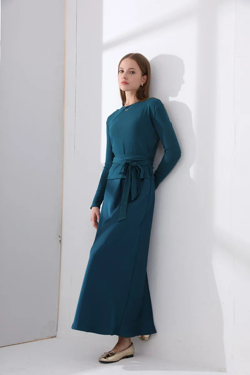 2-Piece Ribbed Wrap Top + Satin Slip Maxi Dress Set (Autumn Edition)