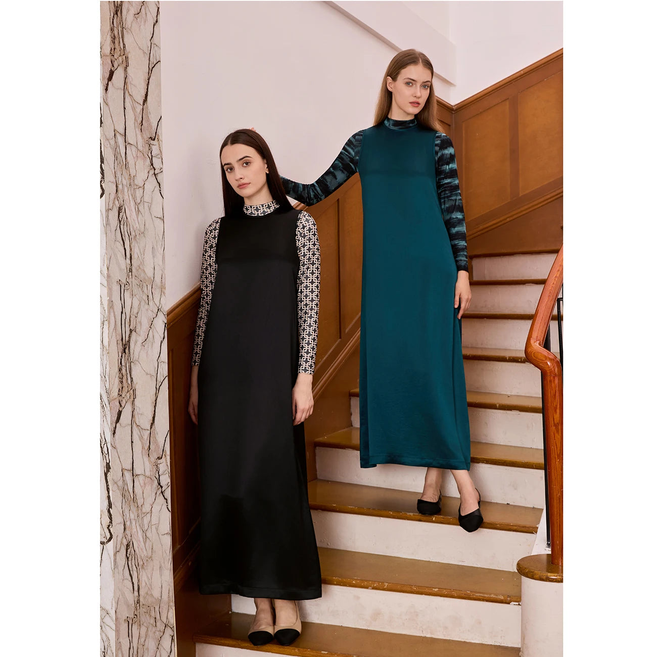 Printed Satin Maxi Dress Set – Mesh Inner Top + Knitted Vest (3-Piece Set)