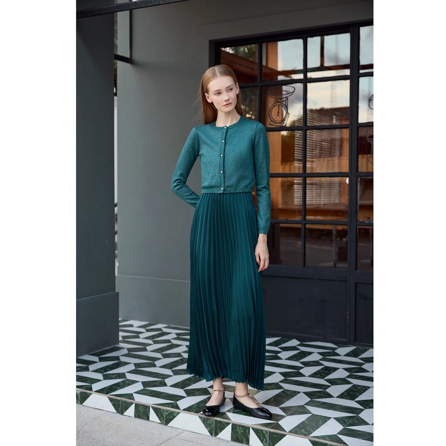 2-Piece Satin Pleated Slip Dress with Shimmer Cardigan