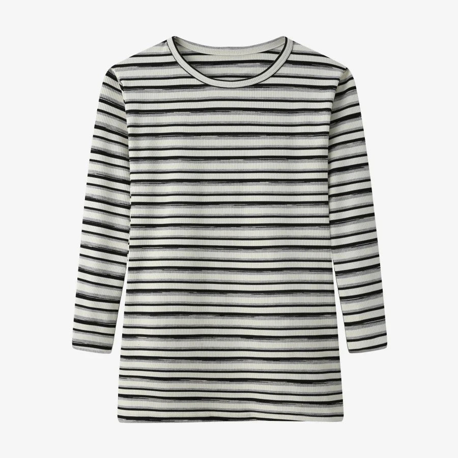 Striped Ribbed Top with 3/4 Sleeves (High Stretch Cotton Blend)