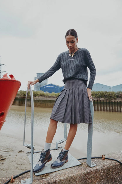 Pinstripe 4-Piece Autumn Set — Slip Dress, Knit Mockneck, Cable Knit, and Pleated Skirt