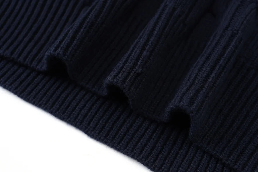 Pinstripe 4-Piece Autumn Set — Slip Dress, Knit Mockneck, Cable Knit, and Pleated Skirt