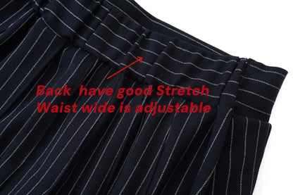 Pinstripe 4-Piece Autumn Set — Slip Dress, Knit Mockneck, Cable Knit, and Pleated Skirt