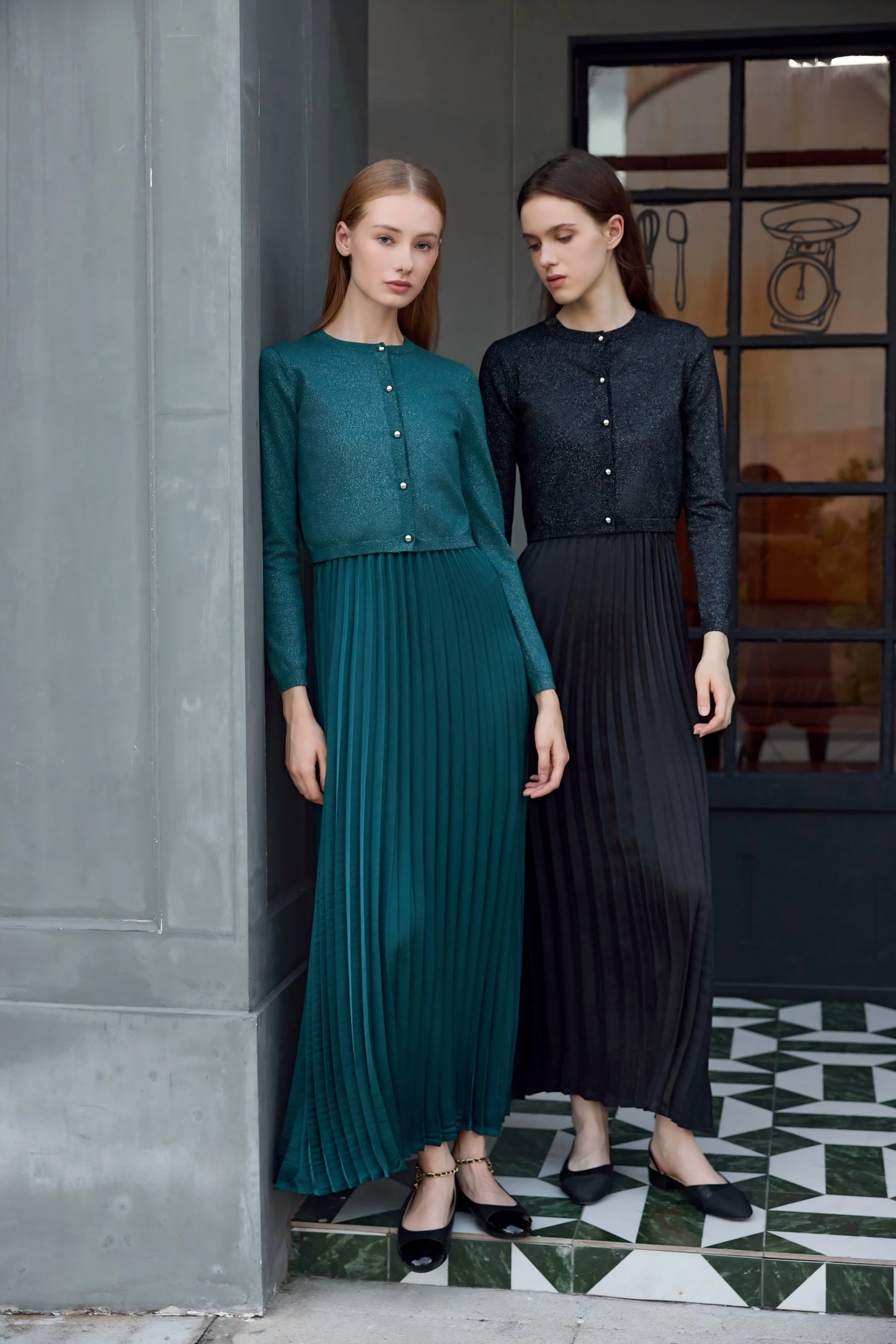 2-Piece Satin Pleated Slip Dress with Shimmer Cardigan