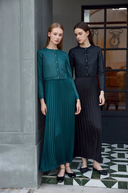 2-Piece Satin Pleated Slip Dress with Shimmer Cardigan