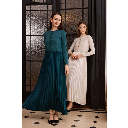 2-Piece Satin Pleated Slip Dress with Shimmer Cardigan