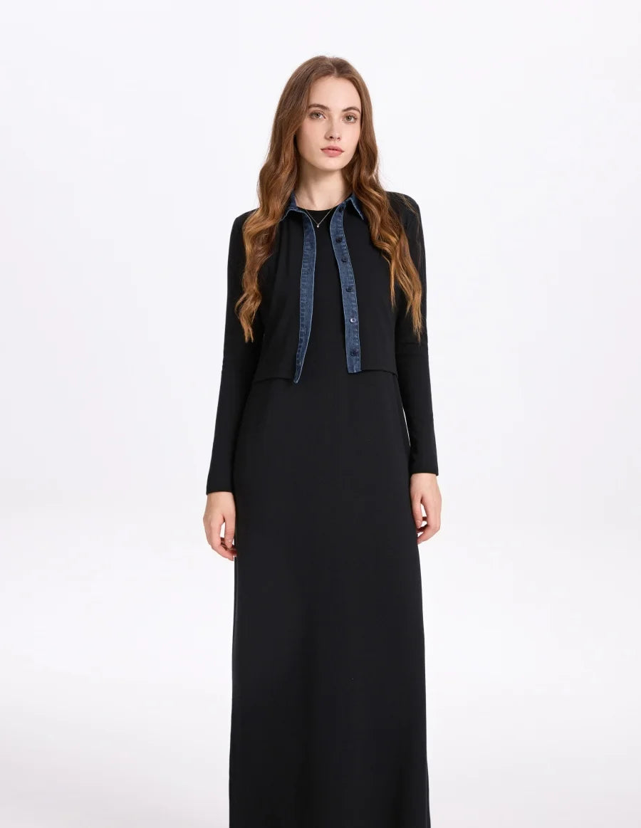 Ribbed Cardigan with Denim Collar + Sleeveless Maxi Dress Set