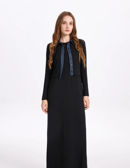 Ribbed Cardigan with Denim Collar + Sleeveless Maxi Dress Set