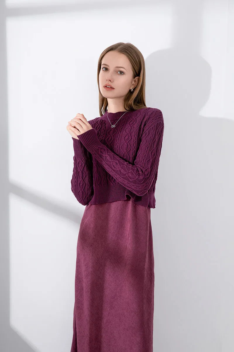 2-Piece Cable Knit Top + Cupro Slip Maxi Dress Set