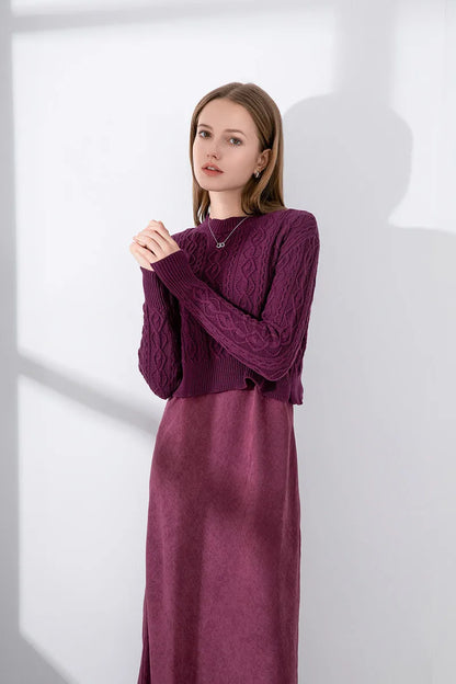 2-Piece Cable Knit Top + Cupro Slip Maxi Dress Set