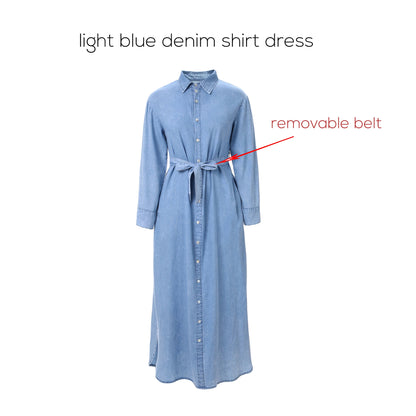 Denim Modest Maxi Shirt Dress – Belted Waist