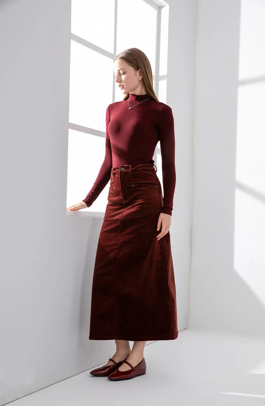 Corduroy Maxi Skirt + High-Stretch Ribbed Top Set (Autumn Edition)