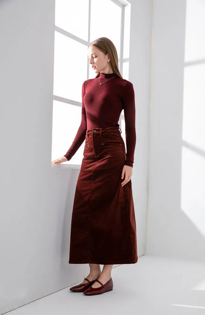 Corduroy Maxi Skirt + High-Stretch Ribbed Top Set (Autumn Edition)