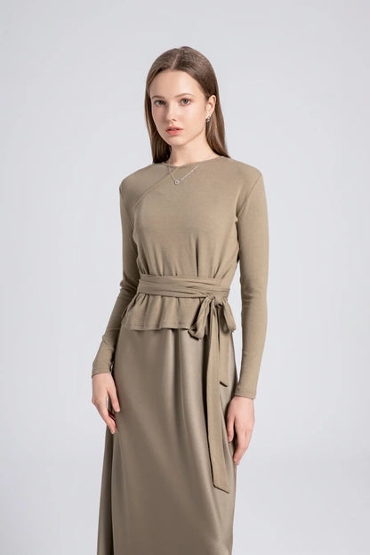 2-Piece Ribbed Wrap Top + Satin Slip Maxi Dress Set (Autumn Edition)