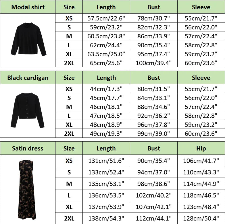 3-Piece Printed Satin Maxi Dress Set – Cardigan + Mock Neck Inner Layer