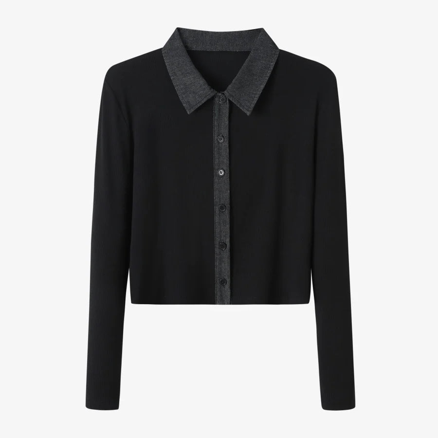 Ribbed Cardigan with Denim Collar + Sleeveless Maxi Dress Set