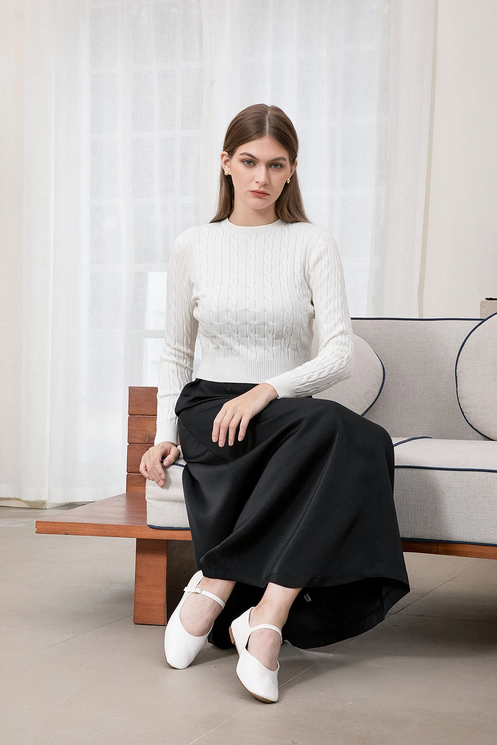 Cableknit Sweater & Satin Maxi Dress Set – Soft Modest Fit