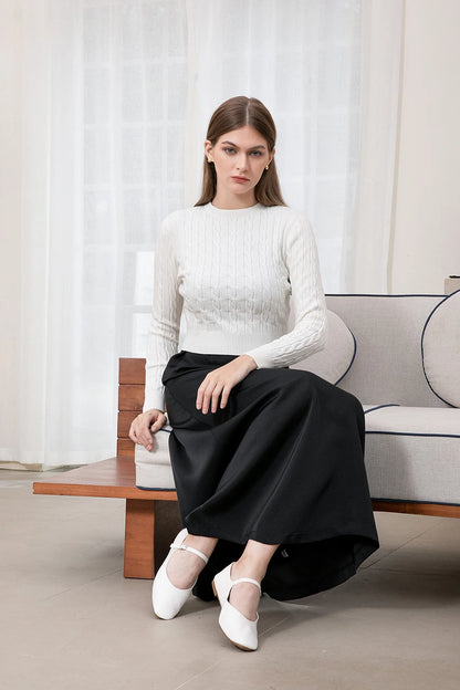 Cableknit Sweater & Satin Maxi Dress Set – Soft Modest Fit