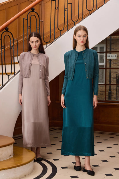 3-Piece Satin Maxi Dress Set – Mesh Inner Top + Modal Shirt + Shimmer Cardigan