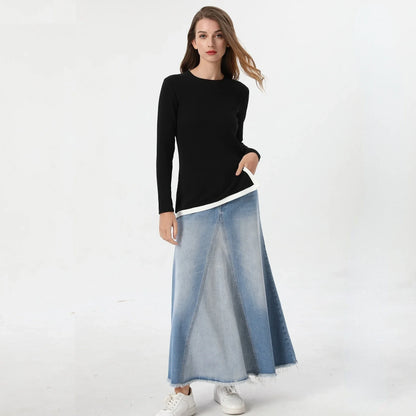 Ribbed Tee & Denim Maxi Skirt Set – Contrast Round Neck Modest Fit