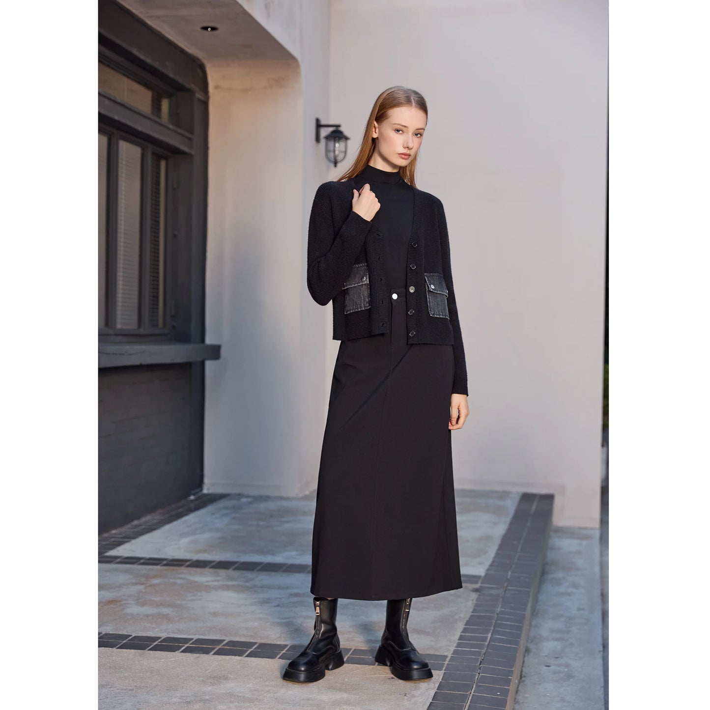 3-Piece Denim Dress Set – V-Neck Maxi Dress + Knit Cardigan + Inner Top