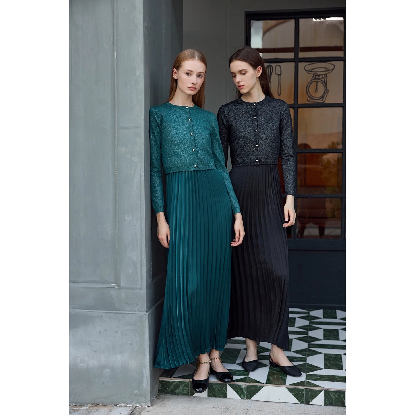 2-Piece Satin Pleated Slip Dress with Shimmer Cardigan