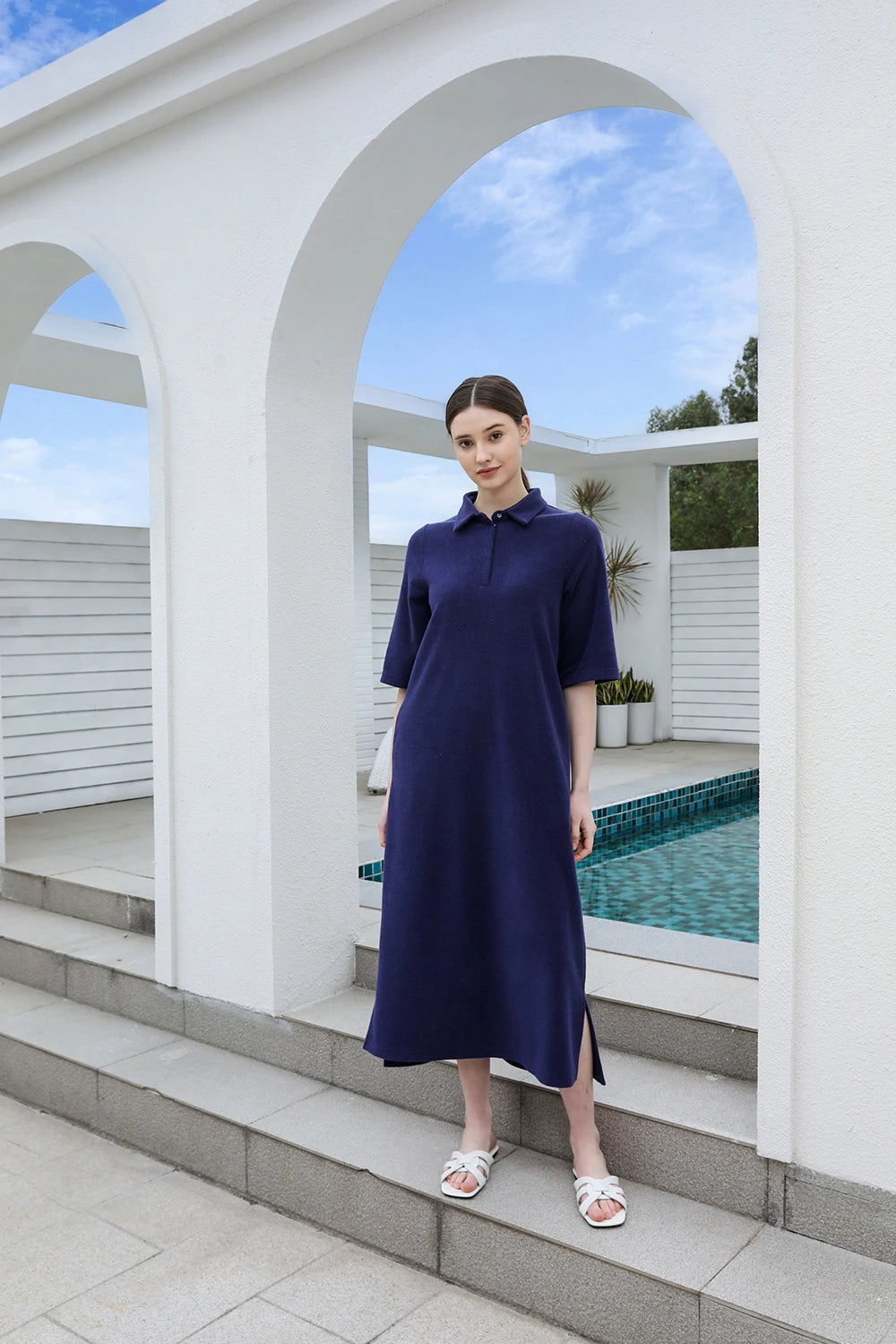 Terry Cotton Collar Maxi Dress – Modest Loose Fit