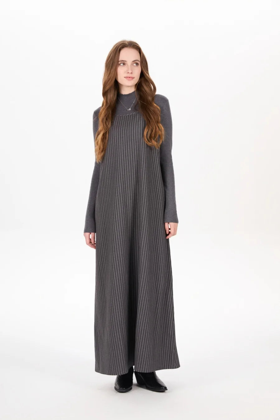 Pinstripe 4-Piece Autumn Set — Slip Dress, Knit Mockneck, Cable Knit, and Pleated Skirt