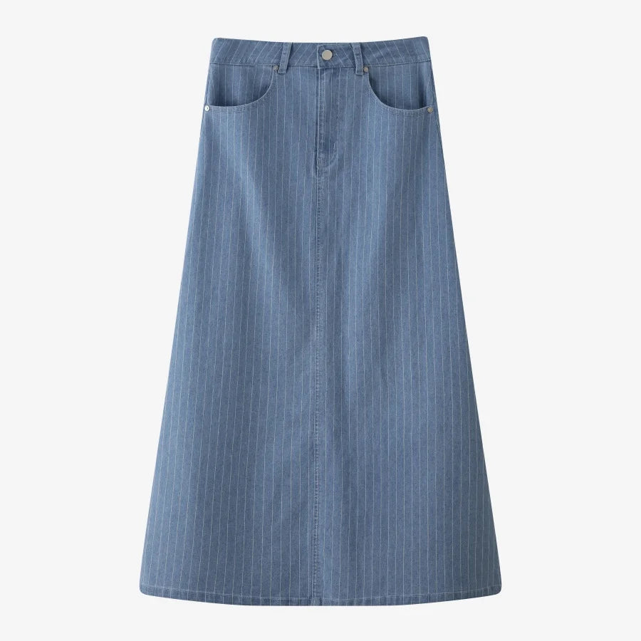 Pinstripe Denim Maxi Skirt (A-Line, Stretch Fit)