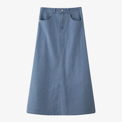 Pinstripe Denim Maxi Skirt (A-Line, Stretch Fit)