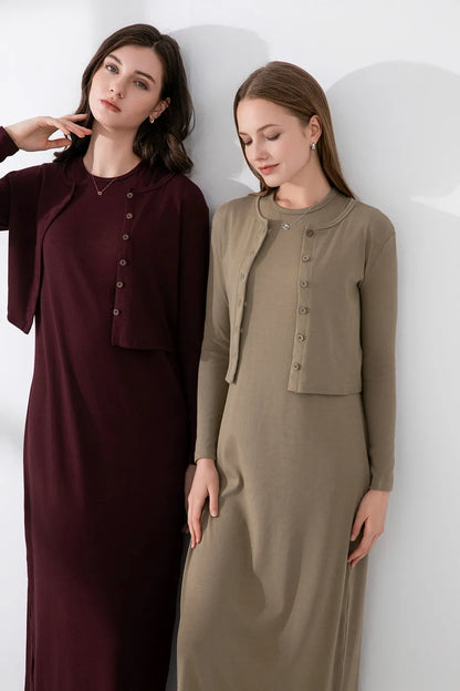 Ribbed Cardigan + Ankle-Length Maxi Dress Set (Natural Fiber Blend)