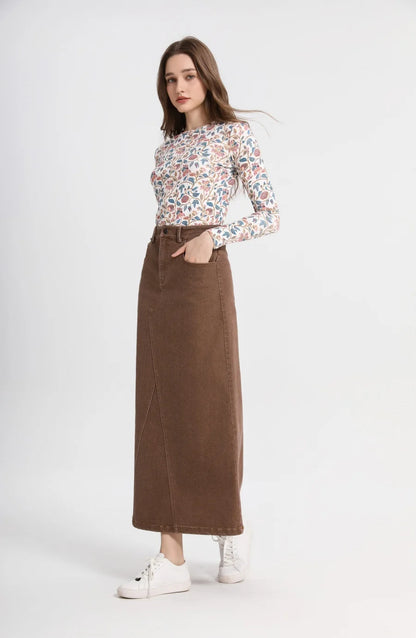 Elastic Denim Maxi Skirt (A-Line Stretch Fit)