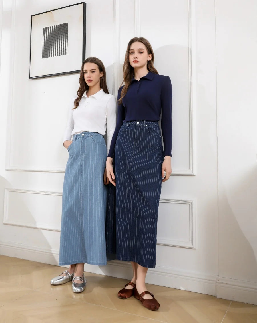 Pinstripe Denim Maxi Skirt (A-Line, Stretch Fit)