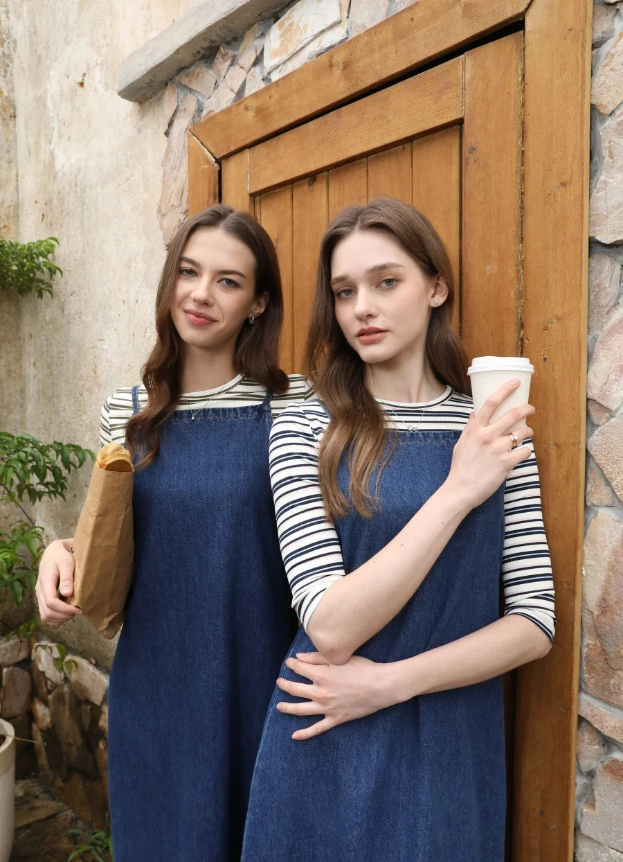 Striped Ribbed Top with 3/4 Sleeves (High Stretch Cotton Blend)