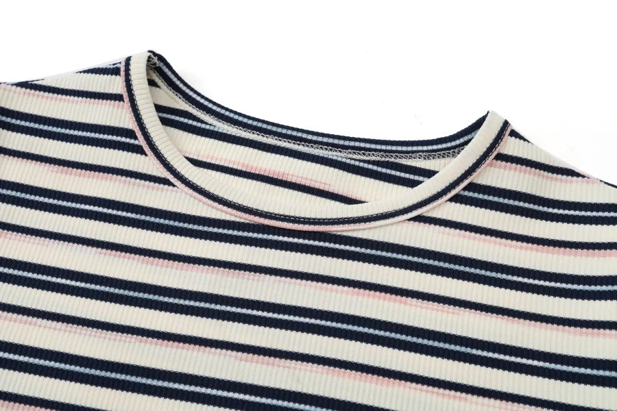Striped Ribbed Top with 3/4 Sleeves (High Stretch Cotton Blend)
