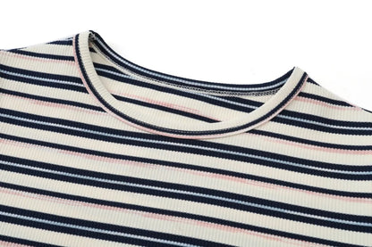 Striped Ribbed Top with 3/4 Sleeves (High Stretch Cotton Blend)