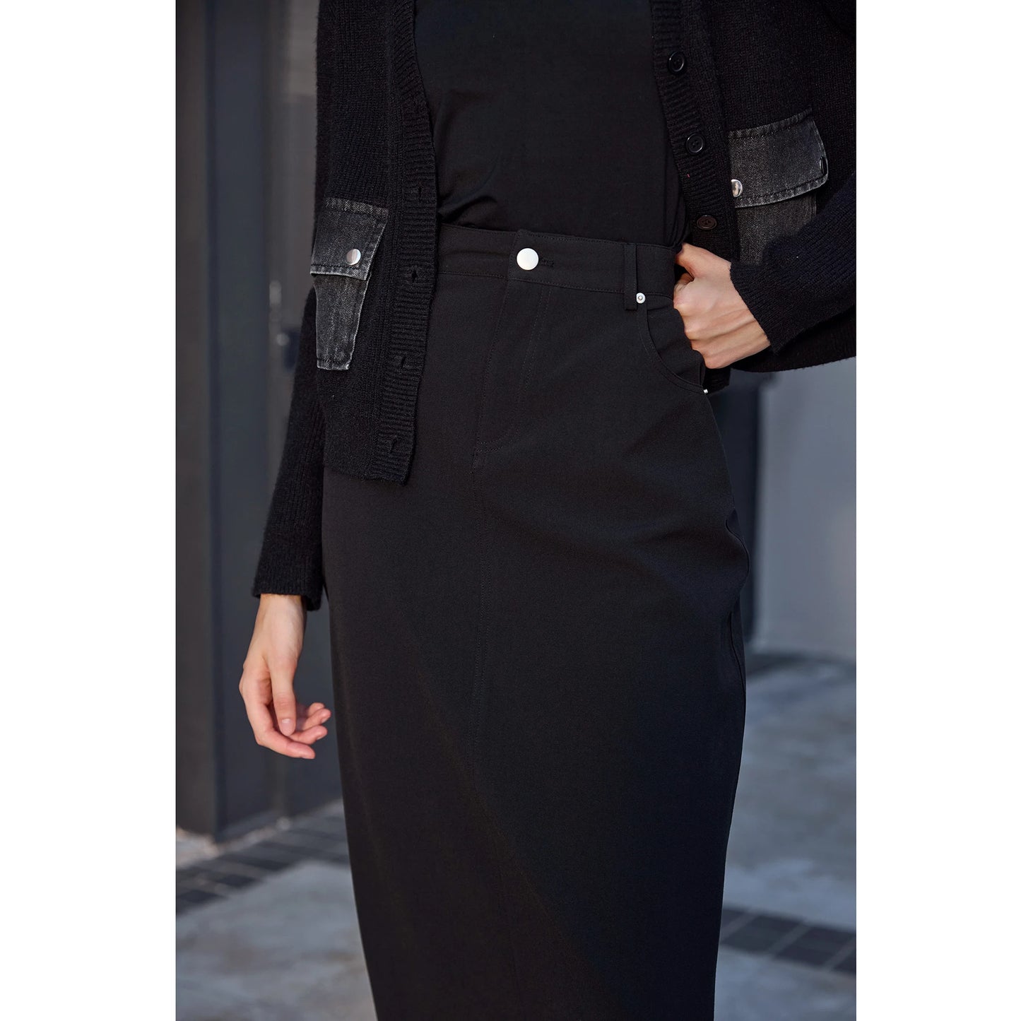 3-Piece Denim Dress Set – V-Neck Maxi Dress + Knit Cardigan + Inner Top