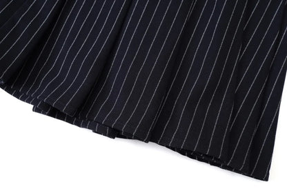 Pinstripe 4-Piece Autumn Set — Slip Dress, Knit Mockneck, Cable Knit, and Pleated Skirt