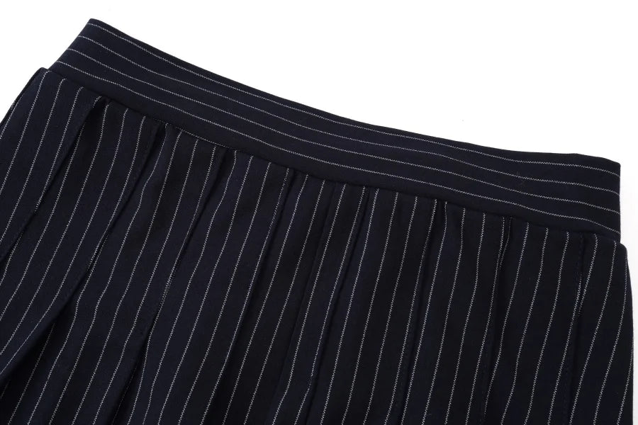 Pinstripe 4-Piece Autumn Set — Slip Dress, Knit Mockneck, Cable Knit, and Pleated Skirt
