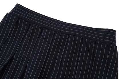 Pinstripe 4-Piece Autumn Set — Slip Dress, Knit Mockneck, Cable Knit, and Pleated Skirt
