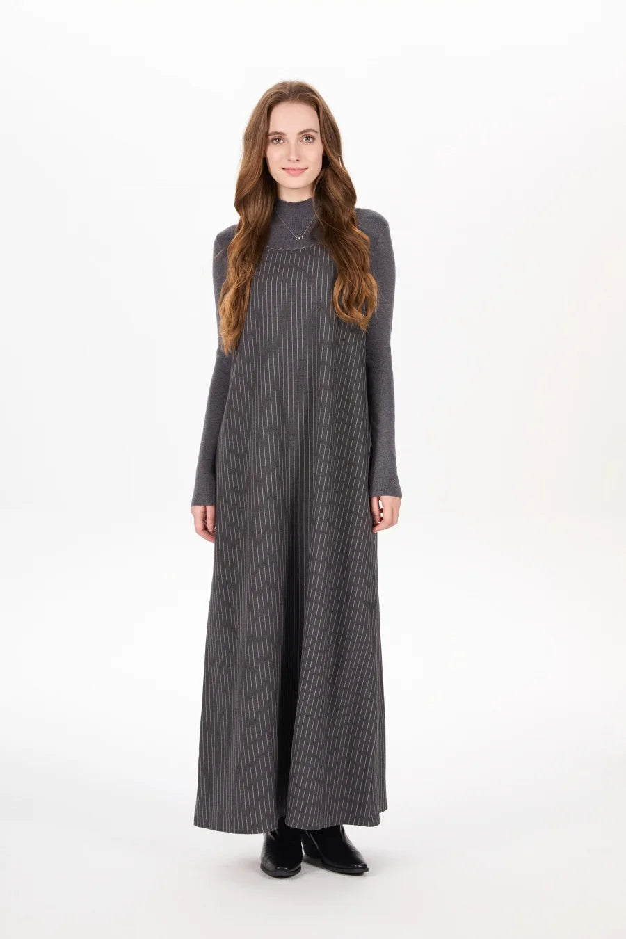 Pinstripe 4-Piece Autumn Set — Slip Dress, Knit Mockneck, Cable Knit, and Pleated Skirt
