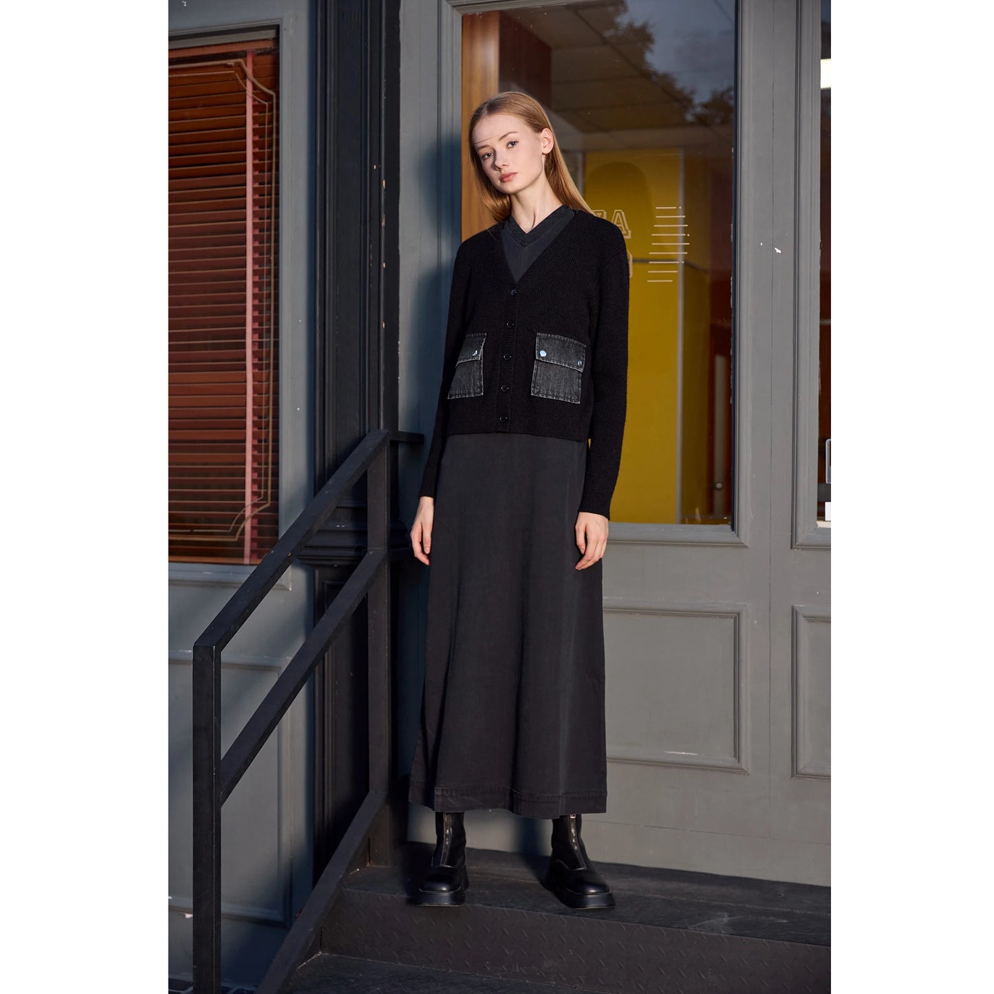 3-Piece Denim Dress Set – V-Neck Maxi Dress + Knit Cardigan + Inner Top