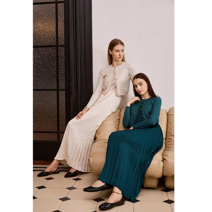 2-Piece Satin Pleated Slip Dress with Shimmer Cardigan