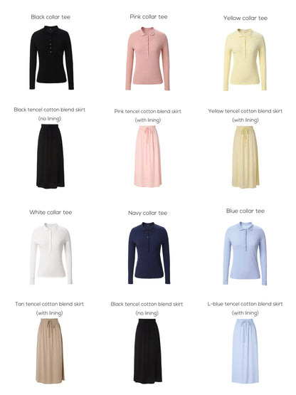 Cotton Blend Turn-Down Collar Top & A-Line Maxi Skirt Set – Modest Casual Fit